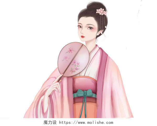 粉色手绘古风中国风古装汉服美女女孩人物元素PNG素材